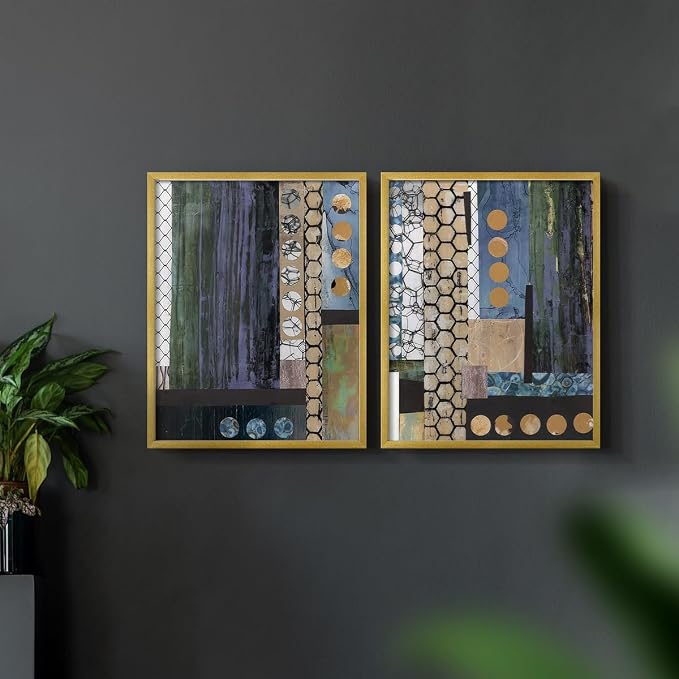 Renditions Gallery Set of 2 Peel & Stick Framed Prints, Geometric Abstract Wall Art, Hexagonal and Circular Pattern Wall Decor, Re-Stickable - Ready to Hang - 11"x14" - GOLD Frame LT588