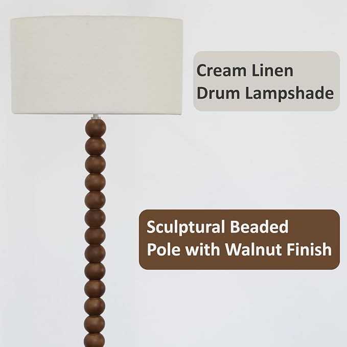 Buruis 61" Beaded Wood Floor Lamp with 17.2" Large Linen Shade, Retro Mid-Century Accent Walnut Finish Standing Lamp for Living Room, Bedroom, Office, Corner, UL Listed, Bulb Not Included, Cream