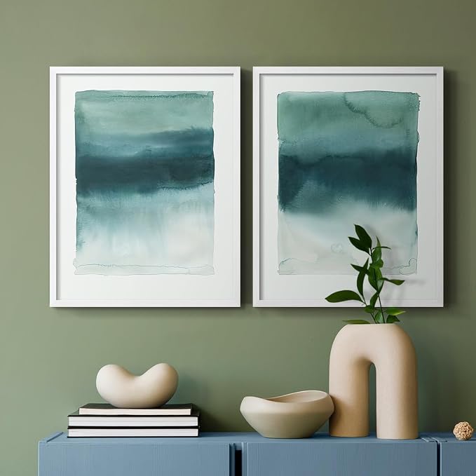 Renditions Gallery Set of 2 Peel & Stick Framed Prints, Tie Dye Abstract Wall Art, Sage Green Watercolor Horizon Wall Decor, Re-Stickable - Ready to Hang - 11"x14" - White Frame LT588
