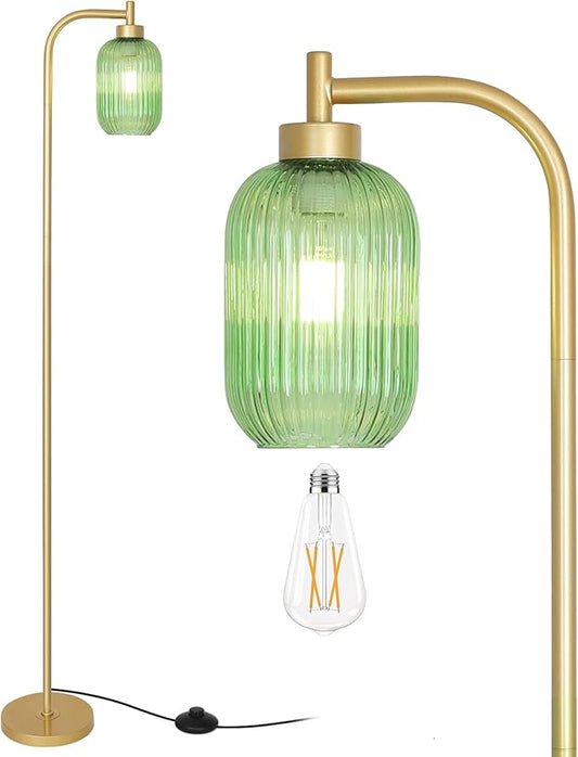 Glass Floor Lamp for Living Room, Modern Gold Standing Lamp with LED Bulb, Green Stripe Glass Shade, Foot Switch, Vintage Brass Tall Lamp, Minimalist Corner Pole Lamp for Bedroom Office