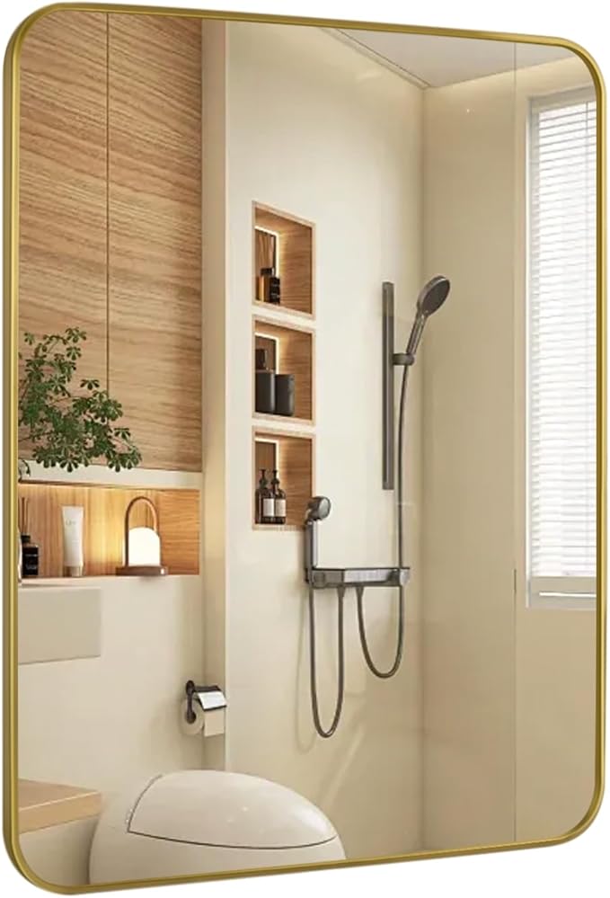 Gold Wall Mirror for Bathroom 30X36 Inch Stainless Steel Metal Frame Bathroom Vanity Mirror Rounded Rectangle Mirror Rustproof for Entryway, Living Room Hangs Vertically or Horizontally