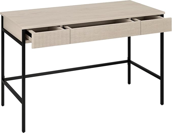 Henn&Hart 48" Fluted Mid-Century Modern Rectangular Wooden Home Office Desk Computer Desk Writing Table with 3 Ribbed Storage Drawers for Bedroom, Living Room, or Home Office, Beech White