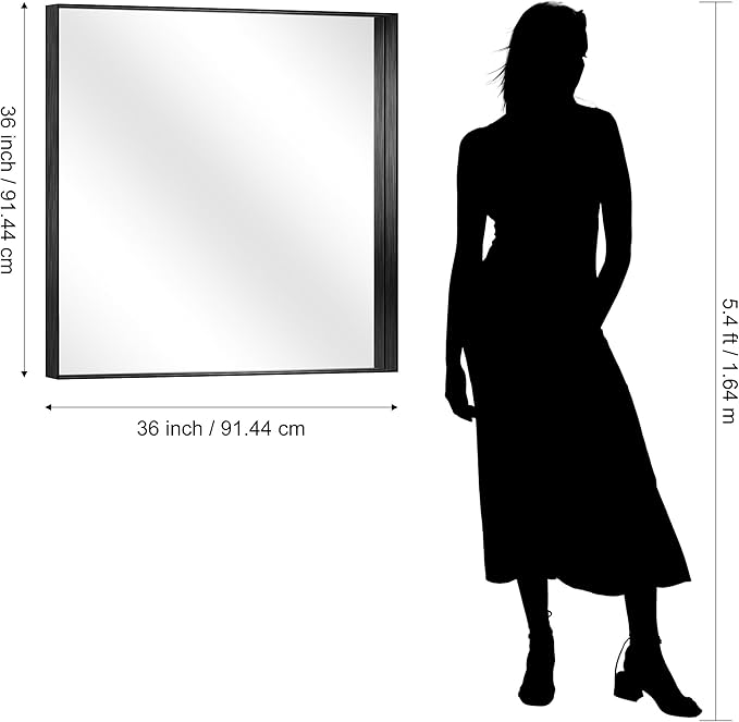 CIRCUMI Black Bathroom Mirror, 36"x36" Rectangular Mirror with Deep Metal Frame, Brushed Finish, Tempered Glass, Mirror for Wall, Oversink, Bedroom, Installed Vertically/Horizontally, Crystal-Clear