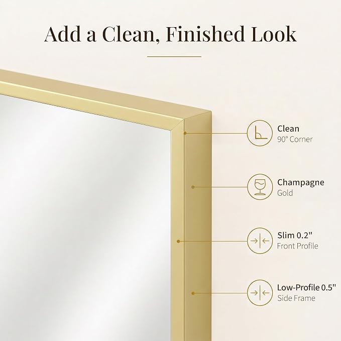 24"x36" Gold Bathroom Mirror for Wall, Shatterproof Tempered Glass, Champagne Gold Tone Rectangle Narrow Frame, H/V Wall-Mounted, Ultra-Flush