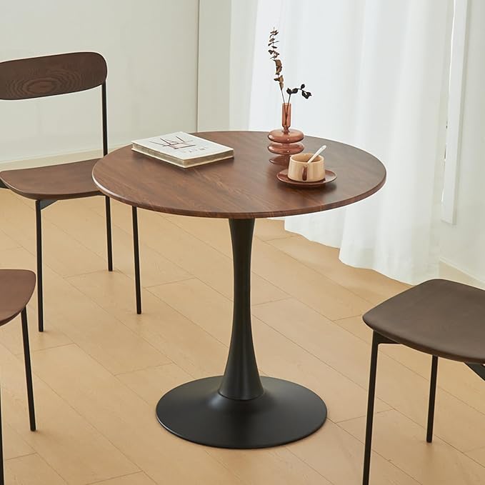 Round Dining Tulip Table for 4, Mid-Century Modern Table with Sturdy Metal Pedestal for Kitchen, Bistro, Cafe, Leisure (Faux Walnut, 31.5 INCH)