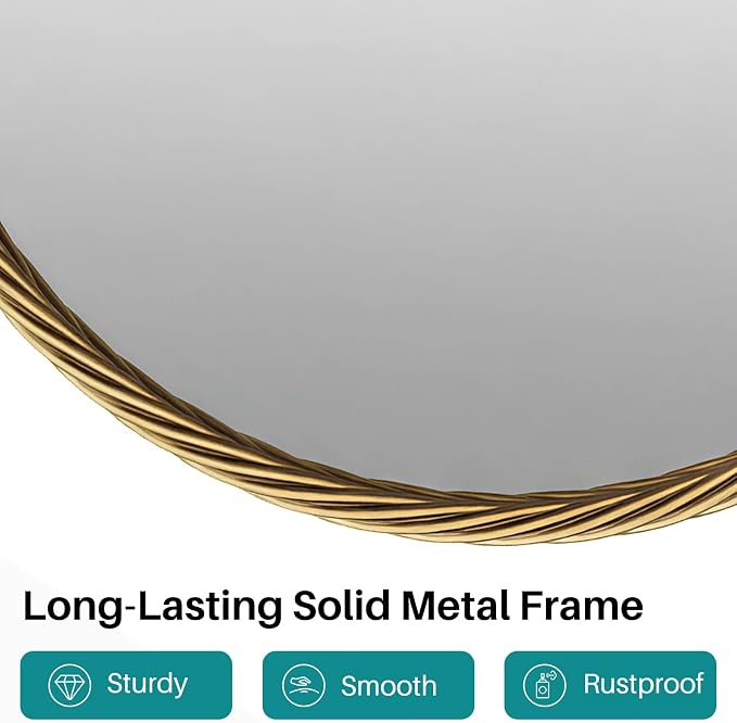 Large Vintage Arched Wall Mirror - 24"X36" Retro Gold Rope-Like Metal Framed Mounted Mirror for Wall Decor, Vanity Mirrors for Bathroom, Living Room, Bedroom, Fireplace