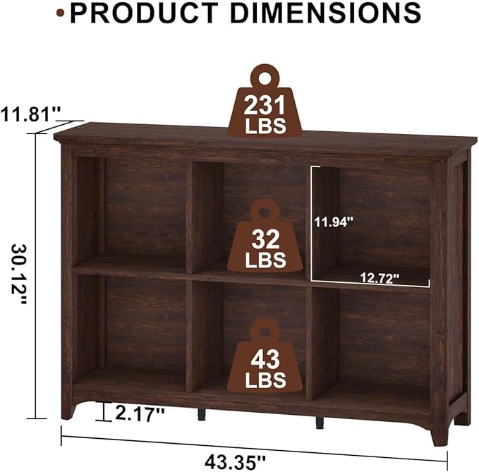 BON AUGURE 6 Cube Storage Bookcase, 43" Wide Horizontal Wooden Bookshelf, Floor Standing Low Book Shelf with Curved Edge for Living Room, Office - Brown Cherry