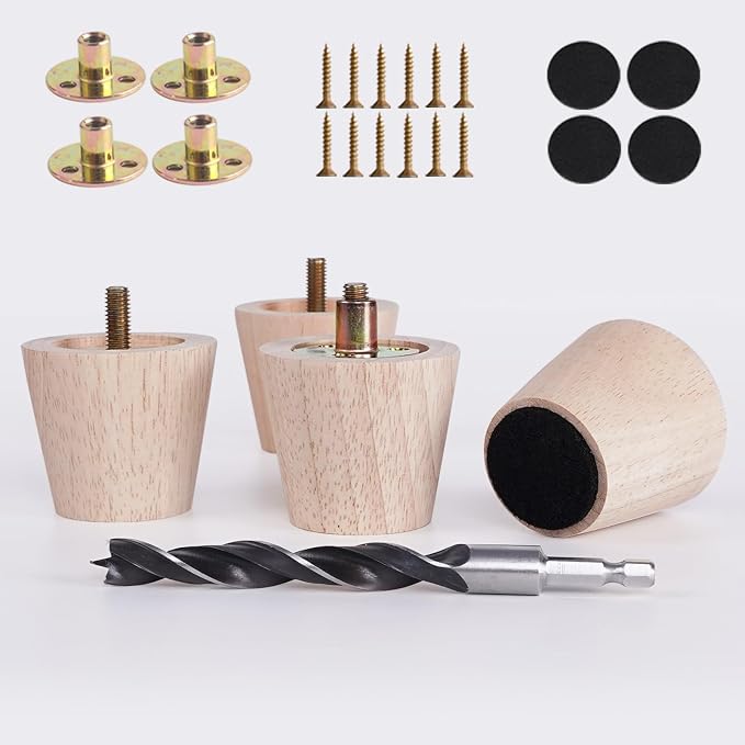 2 Inch Small Unfinished Rubberwood Furniture Legs Set of 4 - Short Solid Wood Legs Replacement for Ottoman & Bench,Couch & Sofa & Table Legs, Cabinet Feet - DIY Finish