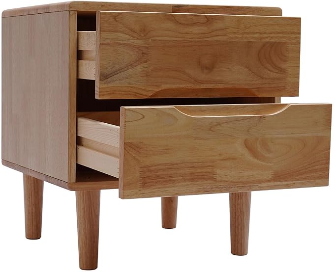 Nightstand Bedside Table with 2 Storage Drawers, Mid Century Modern Grooved Handle Wood Nightstand Side Table Bedroom Storage Drawer Bedside End Table