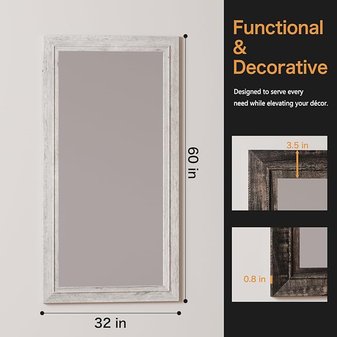 Rustic Wall-Mounted Vanity Mirror, Solid Wood Frame Bathroom Mirror, Farmhouse Style for Living Room, Bedroom, Entryway, Horizontal/Vertical Hanging