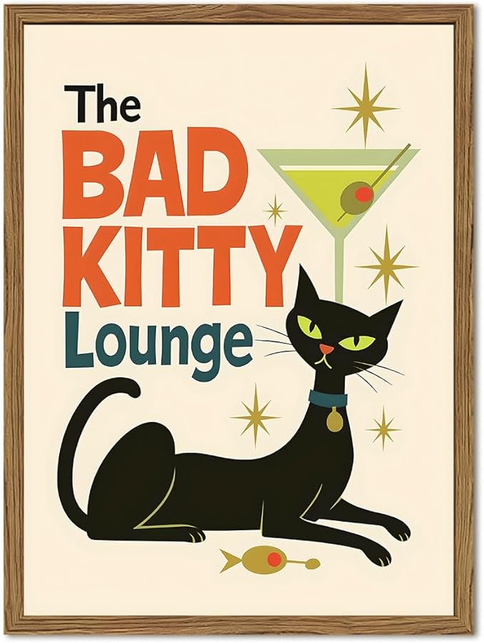 Mid Century Modern Cat Wall Art Bad Kitty Lounge Wall Decor Painting, Vintage Martini Cat Poster Canvas Print Picture for Bar Living Room Bedroom 12x16 inch Wood Framed