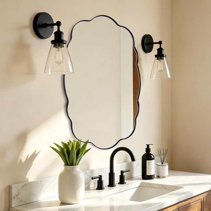 ANDY STAR Black Wavy Oval Mirrors for Bathroom, 24x40 Inch Wavy Scalloped Wall Mirror, Anti Rust Stainless Steel Metal Frame, Wall Mount Horizontal or Vertical