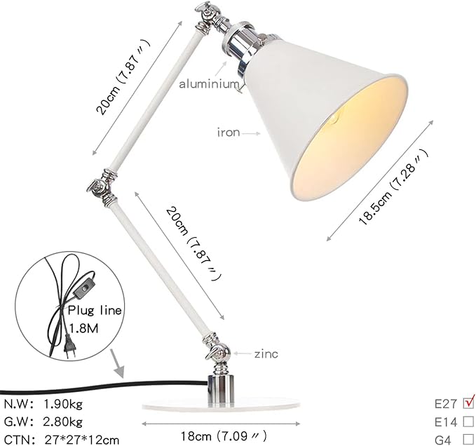 Makeup Vintage Desk Lamp, Industrial Metal Task Table Lamp with Adjustable Swing Arm, Bedroom Bedside Night Light Cafe Antique Reading Lighting,White