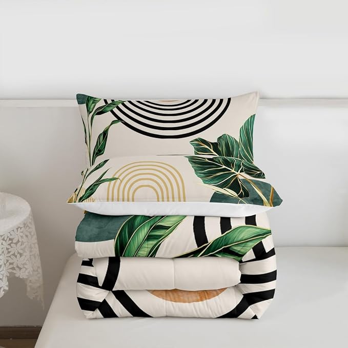 Erosebridal Mid Century Boho Bedding Set Full Size Abstract Art Simple Comforter Set,Minimalist Tropical Palm Leaves Bedding Comforter Sets Modern Bohemian Aesthetic Quilt,Green Gold