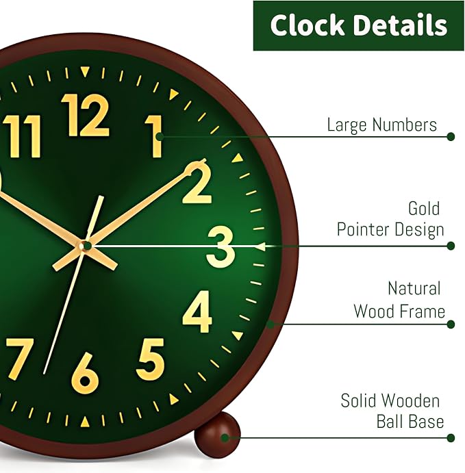 Maxspace Wooden Table Clock,8in Silent Non-Ticking Desk Clock, Battery Operated Desktop Analog Clock for Living Room Office Bedroom Decor (Green Gold - Walnut, Wooden Ball Base)