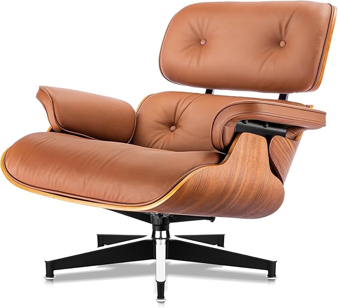 Mid Century Chaise Lounge Chair and Ottoman, Reading Chair, Leather Accent Chair, Modern Chair, Classic Design, Heavy Duty Base Support for Living Room Lounge Office (Walnut-Brown, Upgraded)