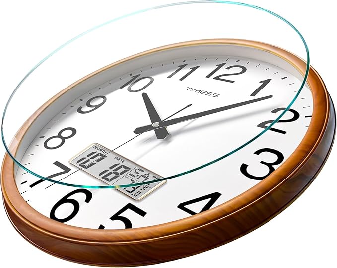 TIMESS Wall Clock, Classic Wood Style Finish, 13 Inch Non-Ticking Silent Battery Operated Quartz Analog with Perpetual Calendar and F° Temperature Display, Home, Office Décor (Chestnut Yellow)