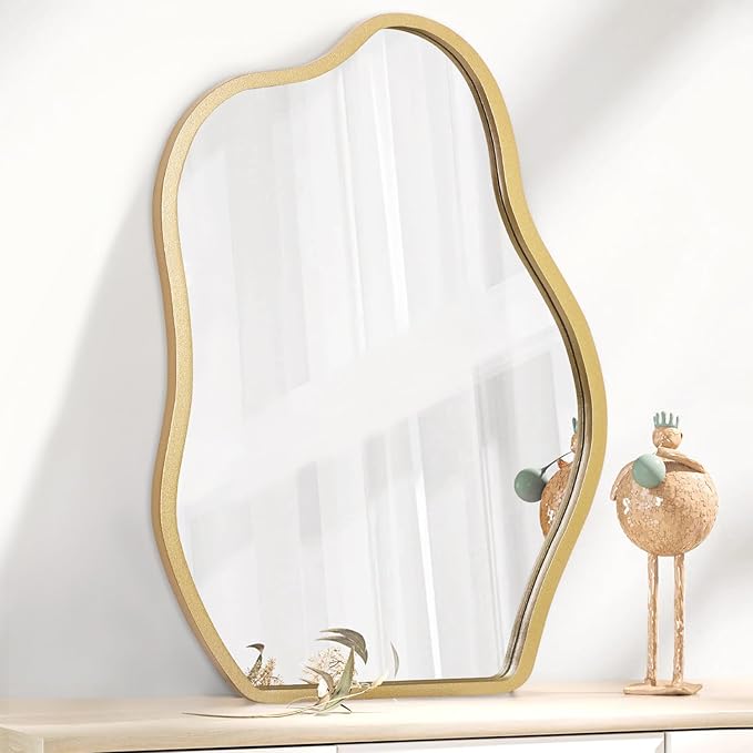 Gold Mirror for Wall Decor Small Asymmetrical Modern Wooden Framed Hanging Wall Mirror Unique Shape Wall Mounted Vanity Artistic Mirror Decorative for Living Room Bedroom Bathroom Entryway
