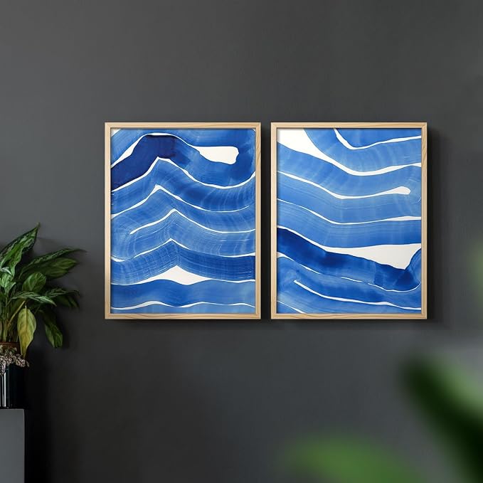 Renditions Gallery Set of 2 Peel & Stick Framed Prints, Watercolor Abstract Wall Art, Bold Brushstrokes in Shades of Blue Wall Decor, Re-Stickable - Ready to Hang - 22"x28" - NATURAL WOOD Frame LT588