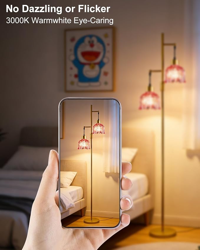 2-Light Modern Glass Floor Lamp, Gold Tall Standing Lamp with Deep Red Flower Glass Shade for Reading, Dimmable LED Floor Lamp with 5Lbs Heavy Base for Living Room Bedroom Home Decor, Bulb Included