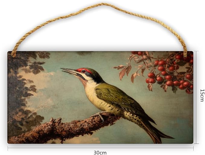 Retro Woodpecker Portrait Wooden Sign 12x6 Inch, Nature-Inspired Wall Decor for Country Homes, Study Room Accent, Ideal Gift for Bird Watchers & Vintage Art Aficionados