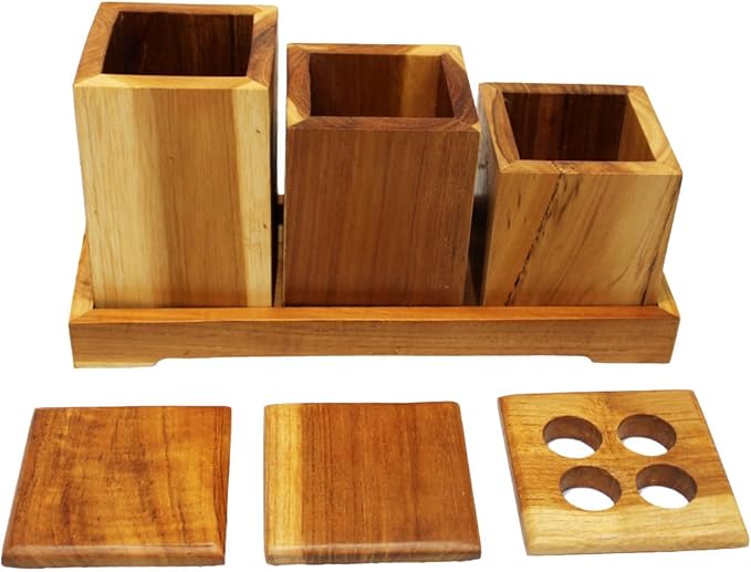 EcoDecors 29 inch Bath Caddy Tray for Bathtub with Eleganto 3 Piece Teak Wood Bath Amenities Set Bundle