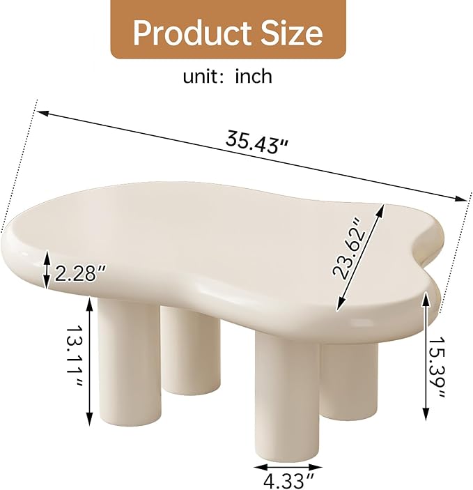 35.82" White Cloud Coffee Table, Modern Round Edge Coffee Table with 4 Sturdy Support Legs and 2.67" Thick Tabletop,Easy Match for Living Room, Bedroom, Balcony, Patio