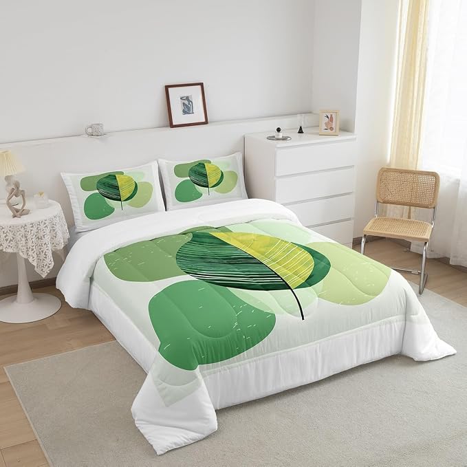 Erosebridal Green Modern Comforter King Mid Century Bedding Set, Hippie Minimalist Down Comforter Abstract Leaves Bed Set, Aesthetic Geometric Quilted Duvet White Bedroom Decoration