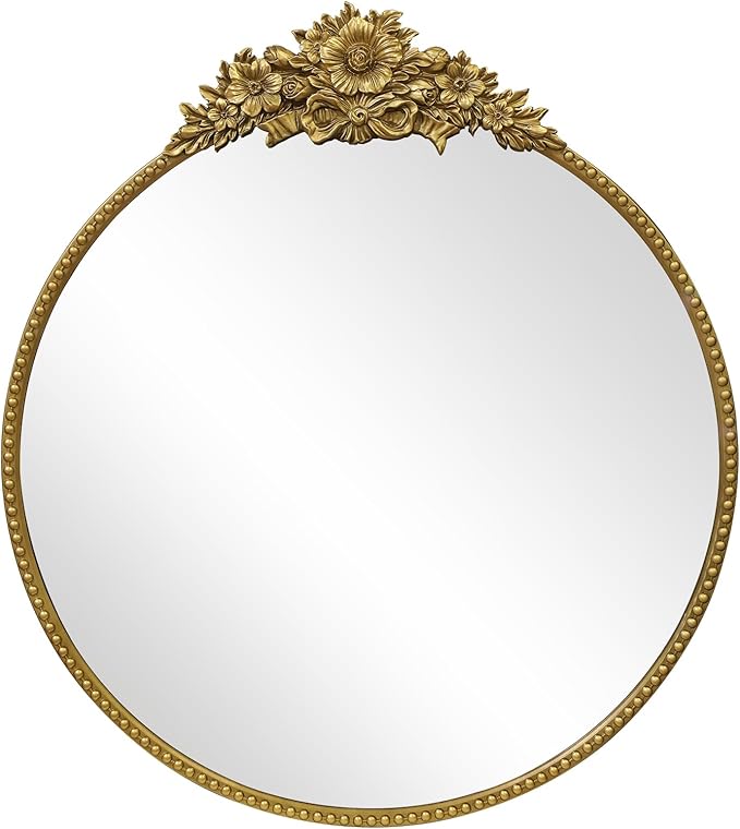 Vintage Round Mirror, 28" Baroque Style Circular Mirror, Antique Metal Frame Wall Mirror, Traditional Art Home Decor for Dressing Table, Bathroom or Bedroom,Retro Gold