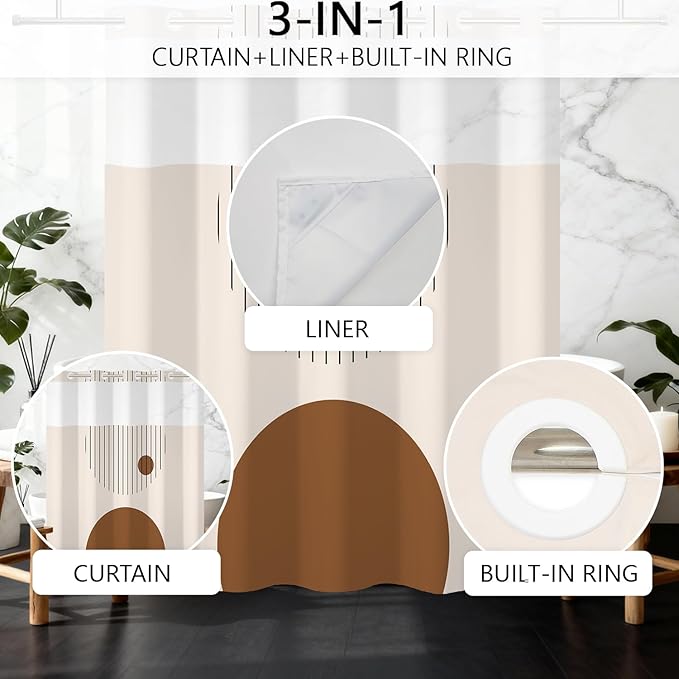 No Hook Boho Shower Curtain with Snap in Fabric Liner Set, Modern Geometric Design, Abstract Mid-Century Waterproof Shower Curtains for Bathroom, 71x74 Inches