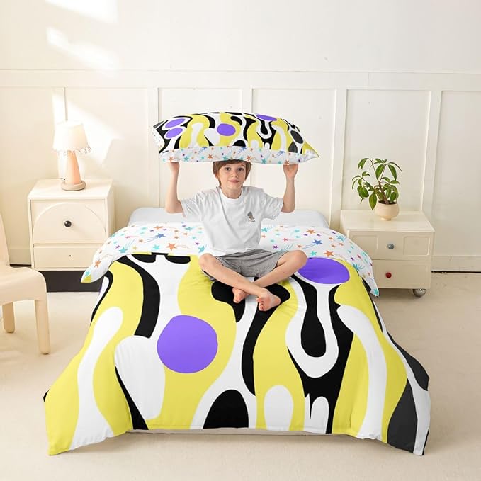 Erosebridal Organic Abstract Duvet Cover Set Modern Contemporary Girl Toddler Bedding Set for Tween Boys Girls Boho Mid Century Wavy Lines Comforter Cover Retro Geometric Bed Sets,Yellow Purple