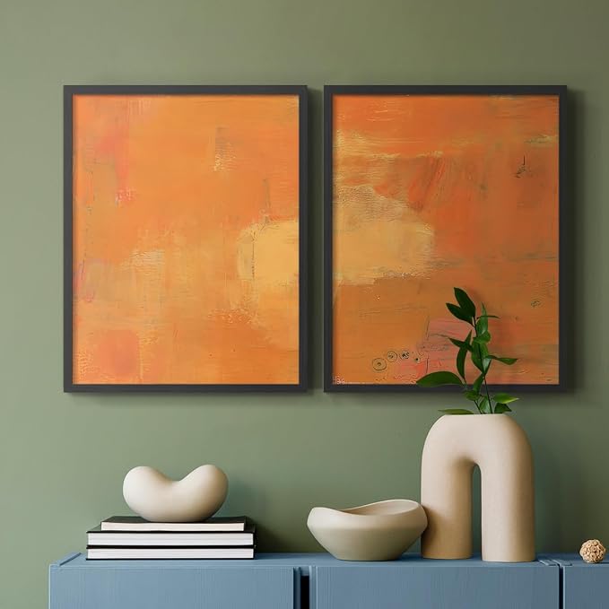 Renditions Gallery Set of 2 Peel & Stick Framed Prints, Abstract Wall Art, Rustic Fain Marking with Brush Strokes Wall Decor, Re-Stickable - Ready to Hang - 8"x10" - Black Frame LT588