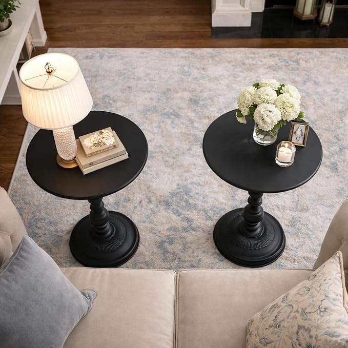 Round Drink Tables Set of 2, Vintage Black Metal Pedestal Side Tables for Living Room, Small Martini Accent Tables for Sofa Bedside Nightstand Small Spaces