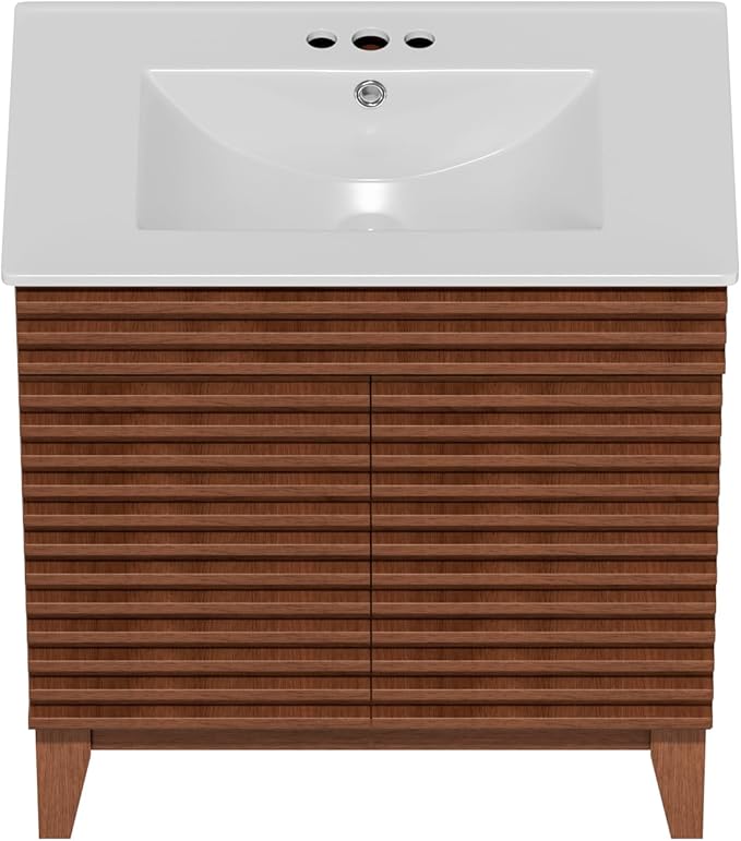 ROOMTEC 30" Bathroom Vanity with Sink, Mid-Century Freestanding Bathroom Vanity Sink with Storage, Undermount Ceramic Sink, Particleboard Frame with Wood Grain Laminate, Walnut