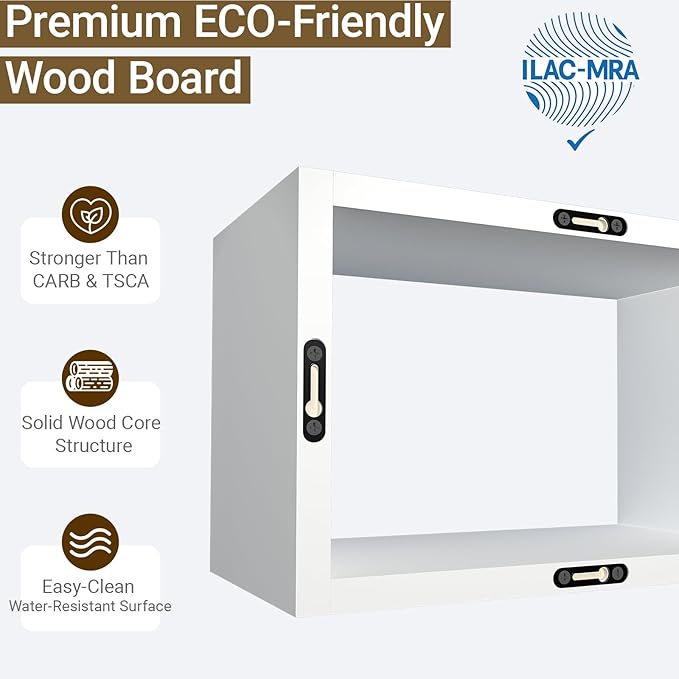 Premium Warm White Floating Cube Shelves, Eco-Friendly Wood Box-Style Wall Storage Display Set of 3 — Pre-Assembled, Ready to Use, Modern Decorative Wall Shelf Units for Living Room, Bedroom & Office