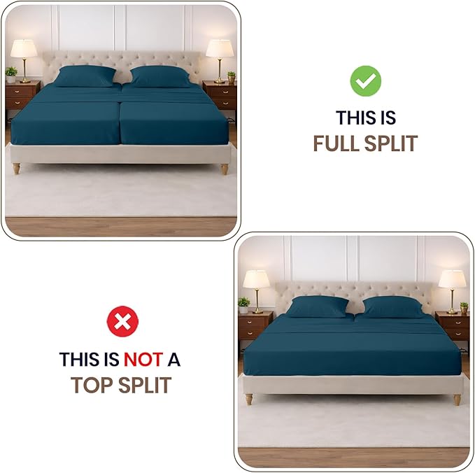 SGI Split King Sheet Set for Adjustable Bed Egyptian Premium Cotton 600 Thread Count Sheets for Sleep Number Bed 15" Deep Pocket 5 Pc Set with 2 Twin XL Fitted Sheets Soft Breathable -Teal