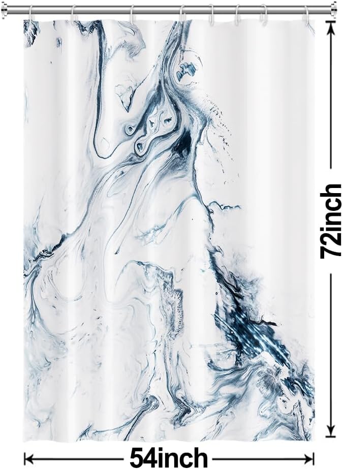 Blue and White Shower Curtain, Modern Ombre Blue Marble Shower Curtain Set with Hooks Aesthetic Waterproof Bathroom Decor, 54x72 Inch