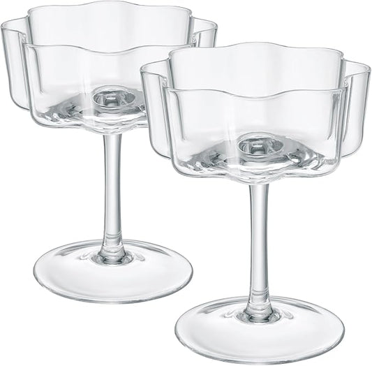 Khen Vintage Wavy Glass Coupes Martini, Champagne & Cocktail Coupes - Set of 2-7oz Colorful Cocktail Glasses & Champagne, Prosecco, Mimosa Glassware Copyright Design - Crystal Clear