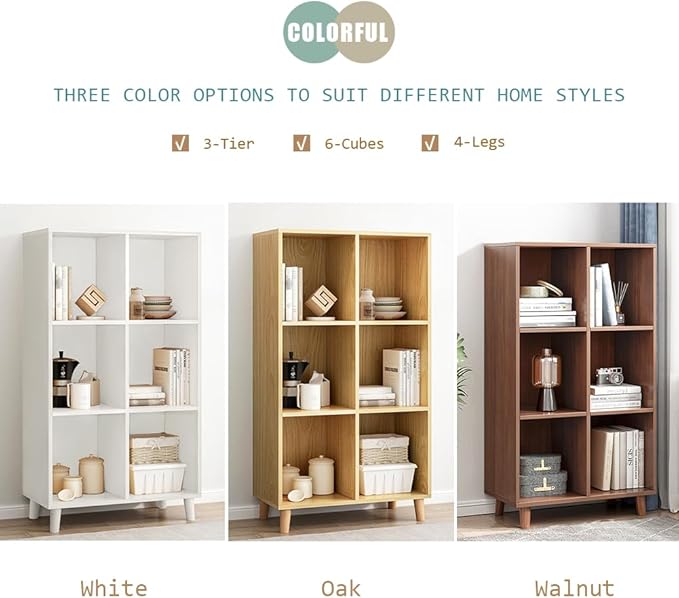 IOTXY Open Cube Low Bookcase - 3-Tier Freestanding Storage Display Cabinet Organizer with Legs for Home Office, 6-Cubes Open Shelf Short Bookshelf, Walnut