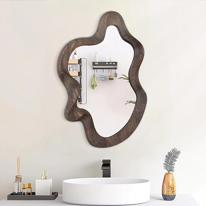 Asymmetrical Wavy Mirror for Wall Decor - Large Cute and Stylish Unique Wooden Framed Artistic Cloud Mirror, 21.6"x15" - Decorative for Living Room, Bedroom, Bathroom, Entryway