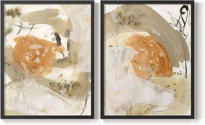 Renditions Gallery Set of 2 Peel & Stick Framed Prints, Neutral Abstract Wall Art, Earthy Tones Blended Brushstrokes Wall Decor, Re-Stickable - Ready to Hang - 8"x10" - Black Frame LT588