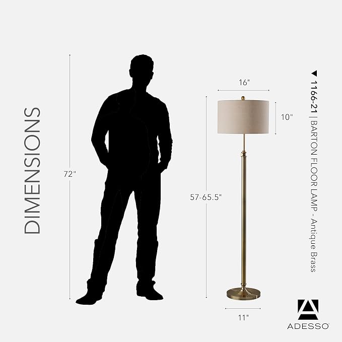 Adesso Antique Brass Floor Lamp with Oatmeal Linen Shade – Adjustable Height Accent Light for Bedroom, Living Room, or Home Office, up to 65.5” Tall