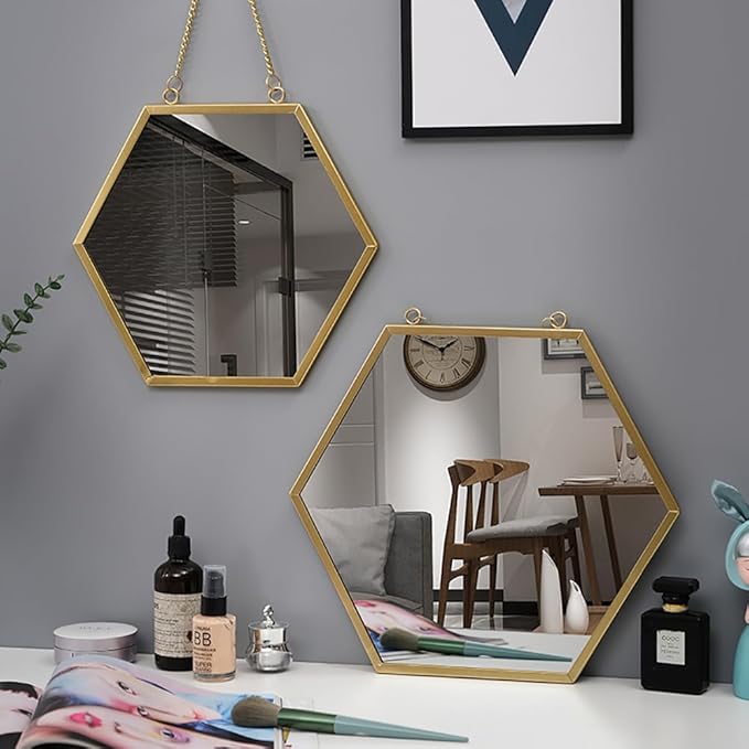 Gold Mirrors for Wall - 2pcs/Set Metal Hexagon Mirror Room Decor & Home Decor Decorative Hanging Boho Mirror Wall Decor for Bedroom Living Room Entryway (Hexagonal)