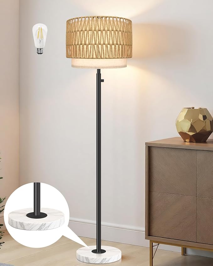 Rattan Floor Lamp,Floor Lamp for Bedroom,Modern Standing Lamp with Marble Base,Dimmable Standing Lamp for Bedroom, Reading,Office & Kids' Room,LED Bulb Included