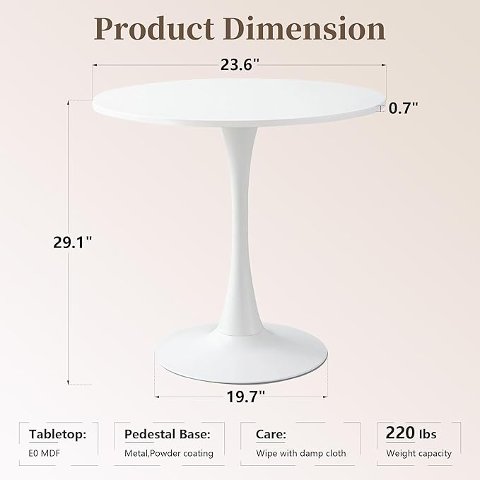 24 Inch Round Dining Table,Mid-Century Tulip Table with Metal Pedestal Base,Modern Leisure Table for Small Space Kitchen Dining Room,Easy Assembly,White