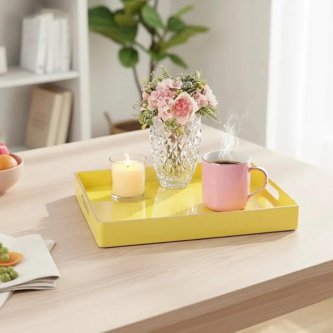Decorative Plastic Serving Tray with Handles, Modern Vanity Organizer for Bathroom, Kitchen, Ottoman and Coffee Table (Yellow, Rectangular)