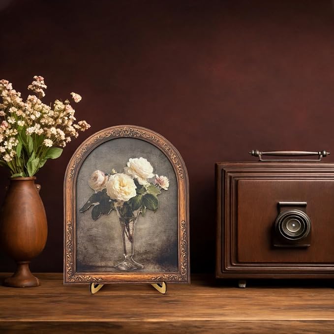 3D Vintage Rose Floral Desk Decor Sign, Vintage Rose Bouquet Glass Vase Framed Wall Art Sign for Home Bedroom Living Room Desk Wall Shelf Rustic Aesthetic Decor 8x10 Inch
