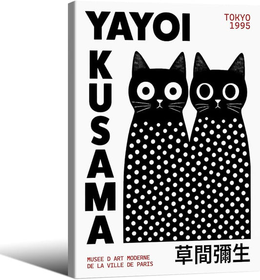 Black and White Cute Abstract Cat Wall Art Japanese Yayoi Kusama Canvas Poster 16X24 inch Framed Modern Fashion Minimalist Painting for Living Room Wall Decor Cat Lover Gifts