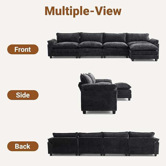 VINGLI 157" Cloud Black Convertible Sectional Sofa, Comfy L-Shape Extra Deep Seat Sofa Couch for Living Room,Modern Chenille 4-Seat Convertible Sofa with Movable Ottoman for Small Space