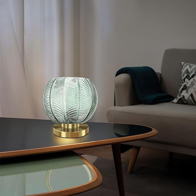 mid Century Modern Table lamp Gold Desk lamp with Green Ribbed Glass Shade Bedside Table lamp Art Deco lamp Small Table lamp for Bedroom Living Room Office